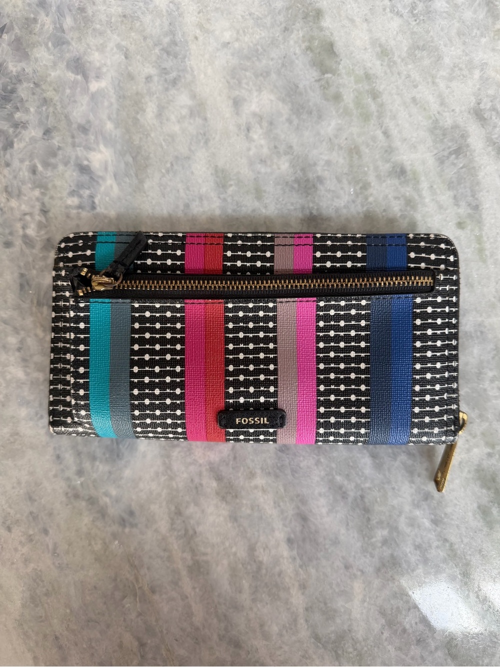 Fossil Logan RFID Zip Around Clutch in a multicolored stripe pattern